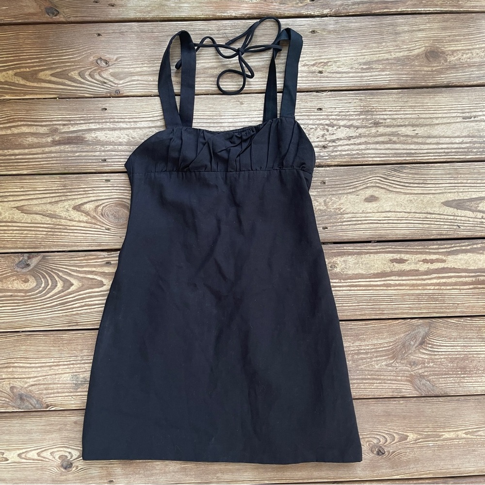 Zara Black Linen Blend Babydoll Mini Dress Tie Back Size M